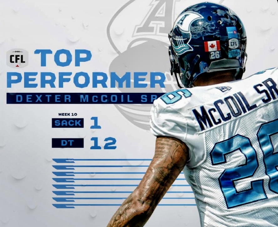 Argos LB Dexter McCoil Sr. Named Top CFL Performer For Week 10