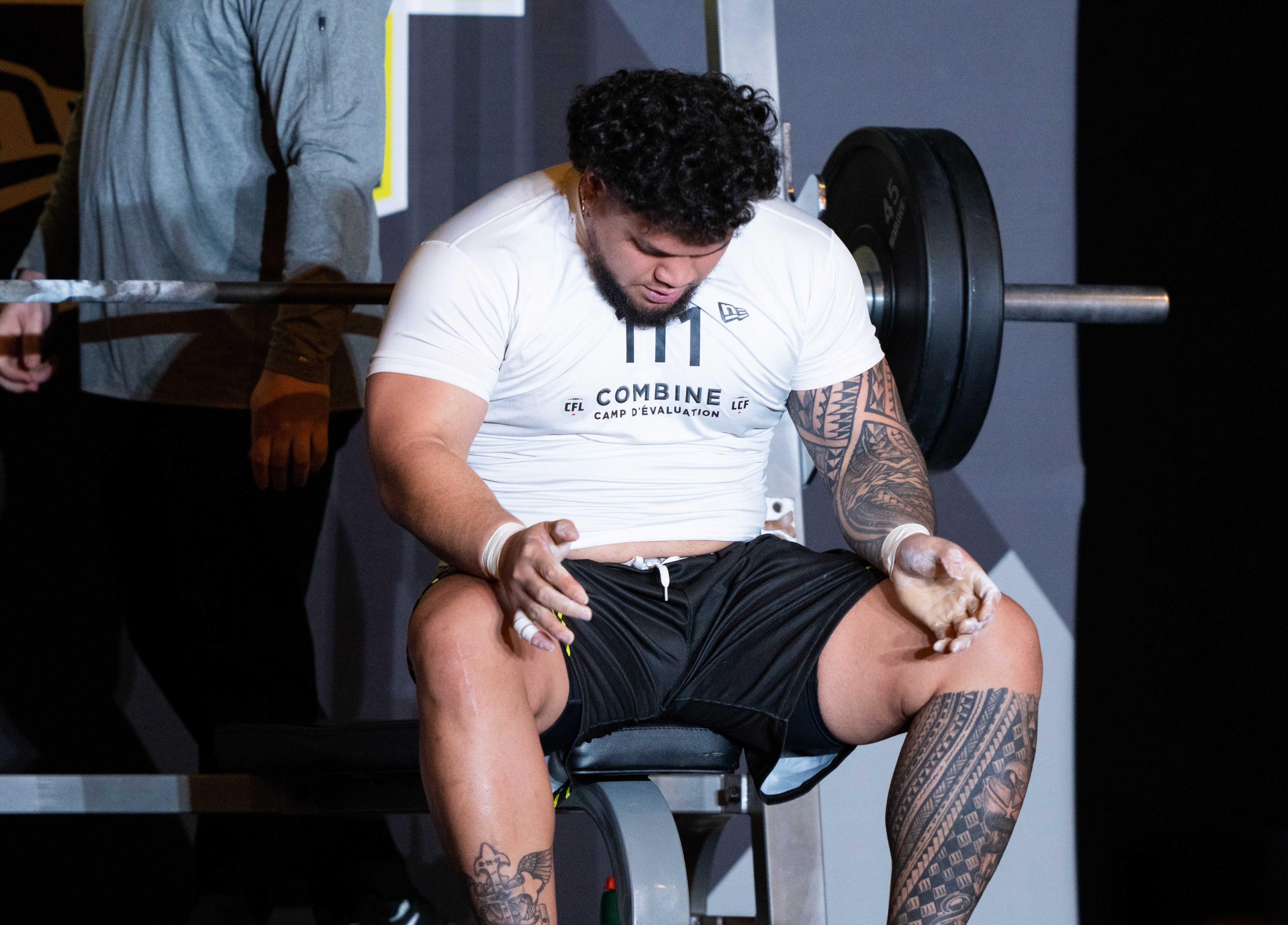 PR: Tago Leads The Field With 30 Reps In The Bench Press At CFL Combine