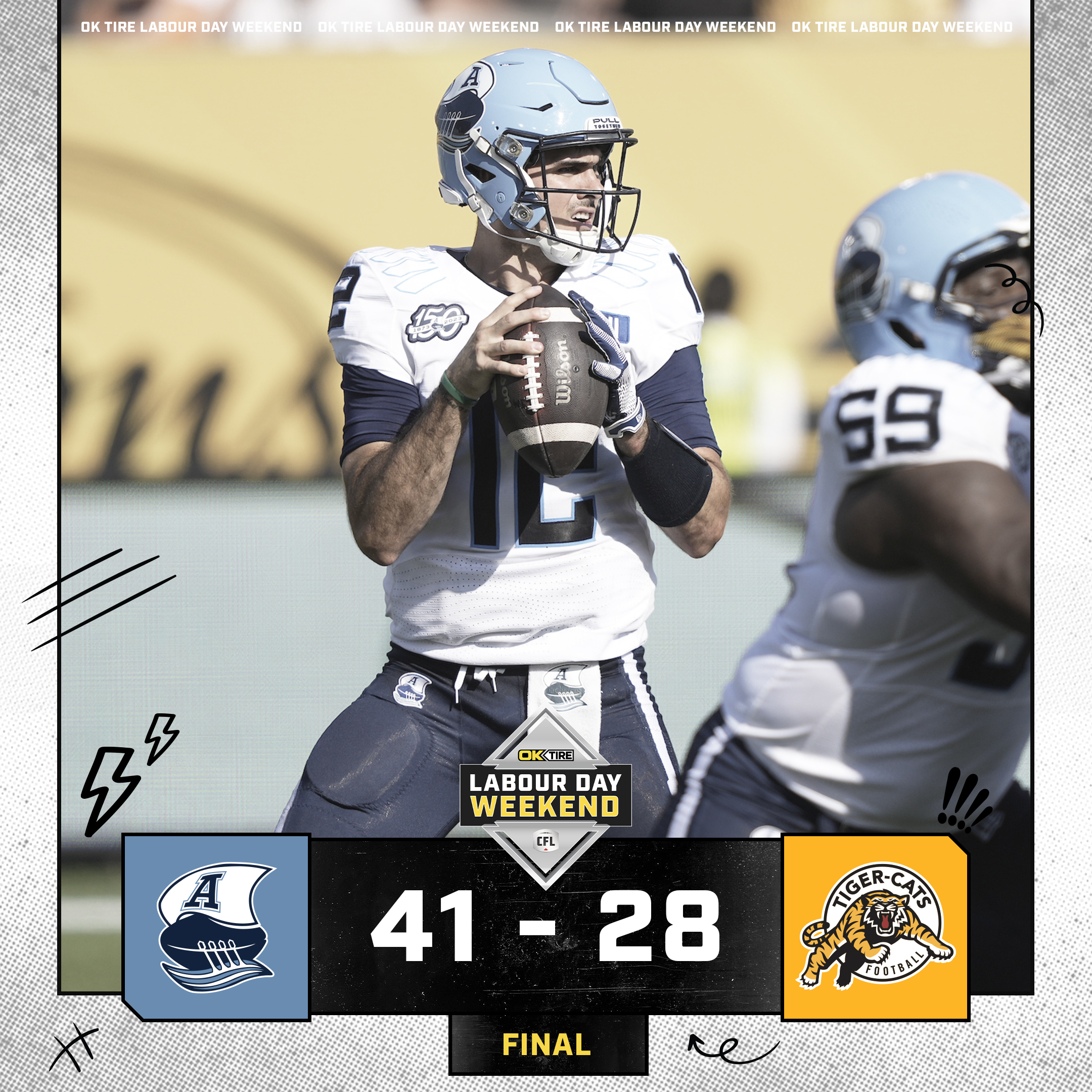 CFL Result: Toronto Argonauts Defeat Hamilton Tiger-Cats 41-28 in Labour Day Weekend Clash