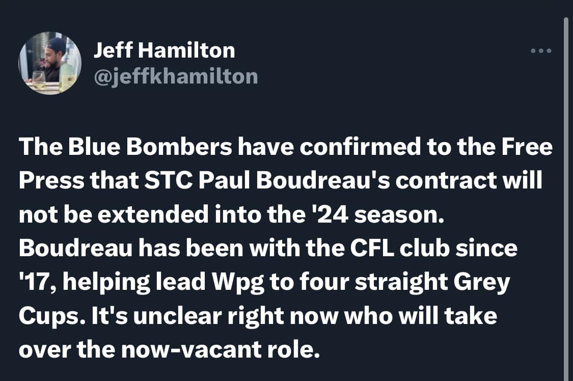 Bombers Part Ways With Special Teams Coach Paul Boudreau!