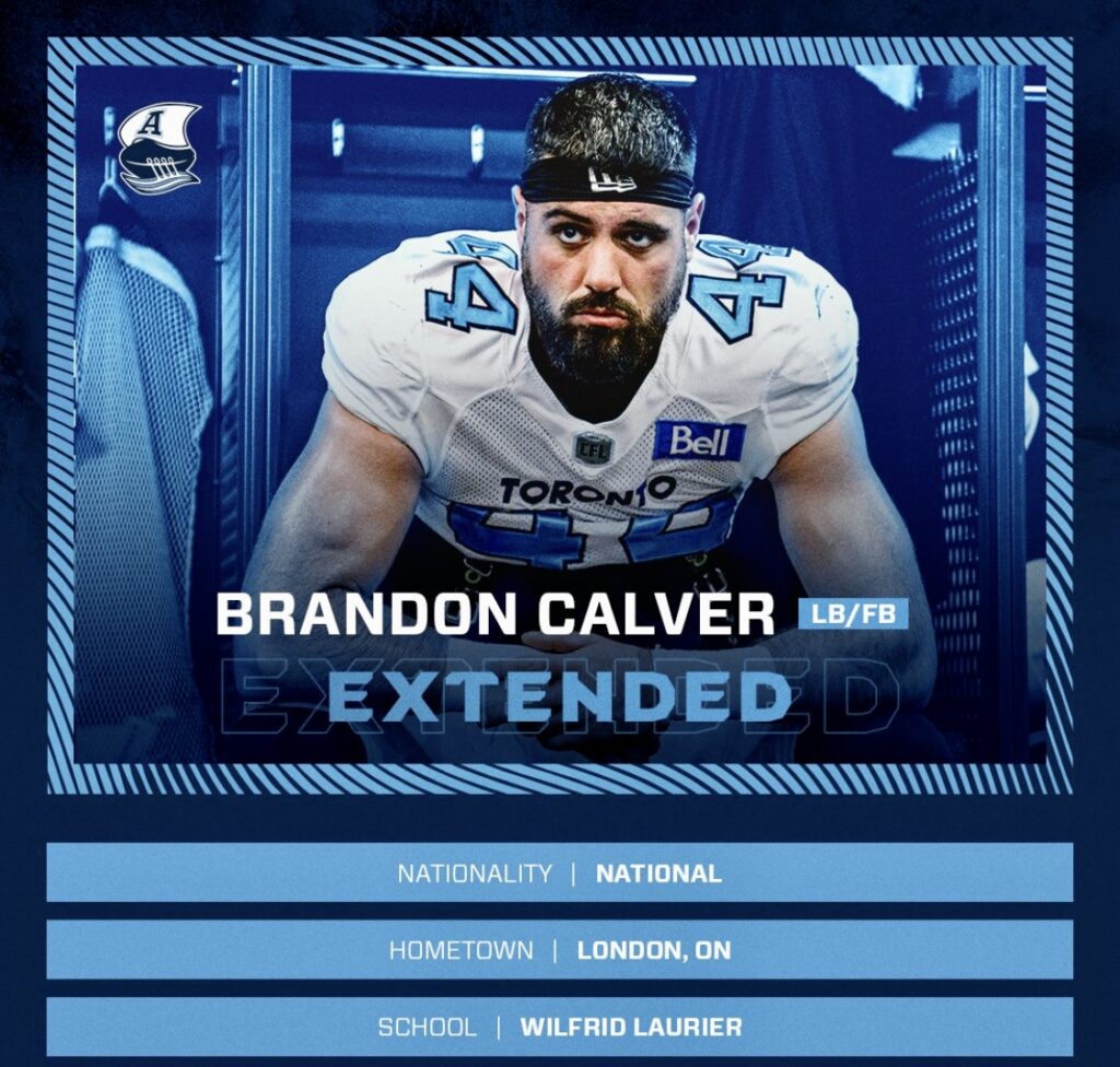 The Argos Extend Impending Free Agent FB/LB Brandon Calver, Add Another WR