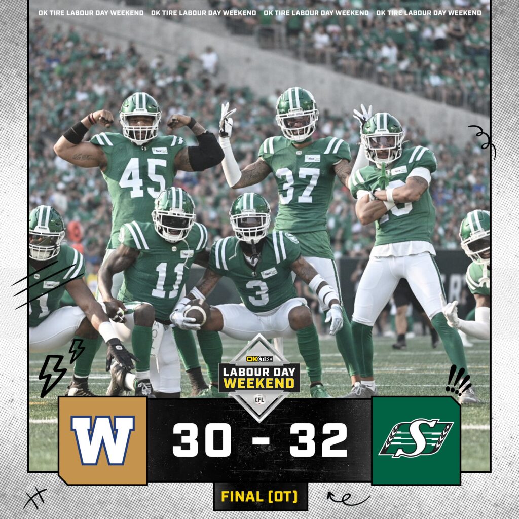 CFL Result: Saskatchewan Roughriders Stun Winnipeg Blue Bombers 32-30 in Overtime Showdown
