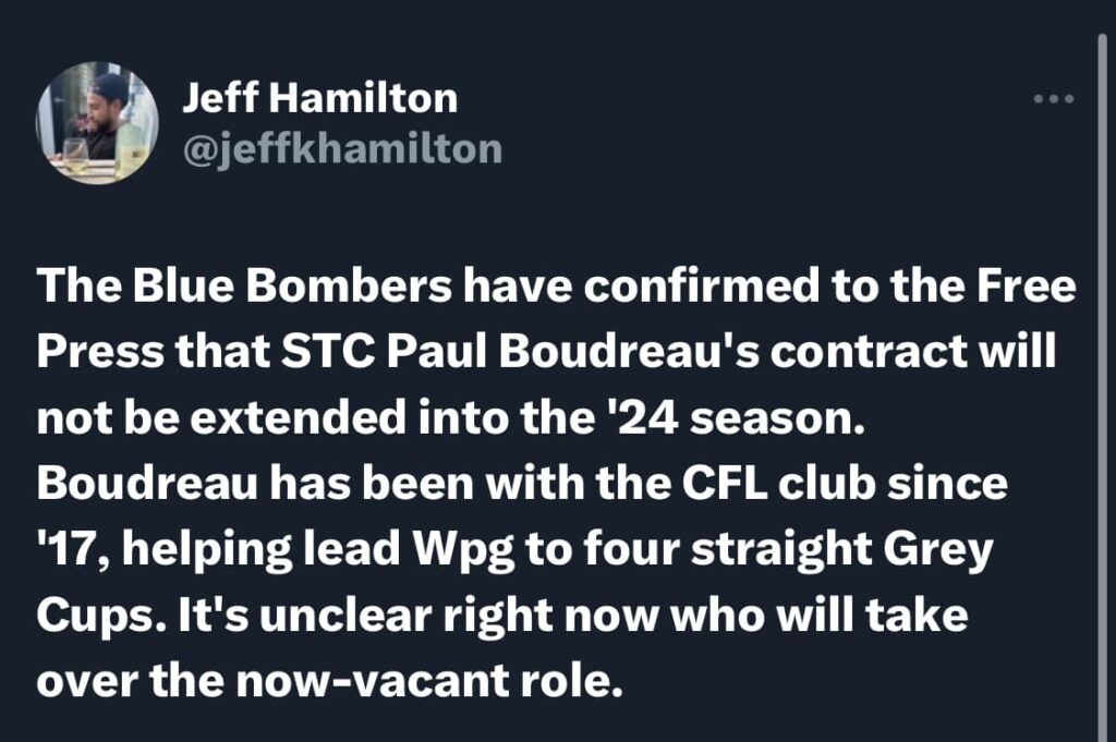 Bombers Part Ways With Special Teams Coach Paul Boudreau!