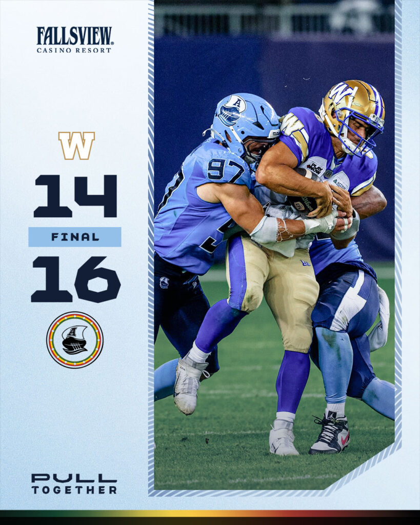 CFL Scores Today: Winnipeg Blue Bombers 14, Toronto Argonauts 16 - Defensive Struggle
