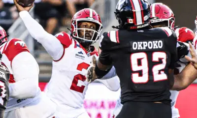 P.J. Walker throwing a pass in his first CFL start